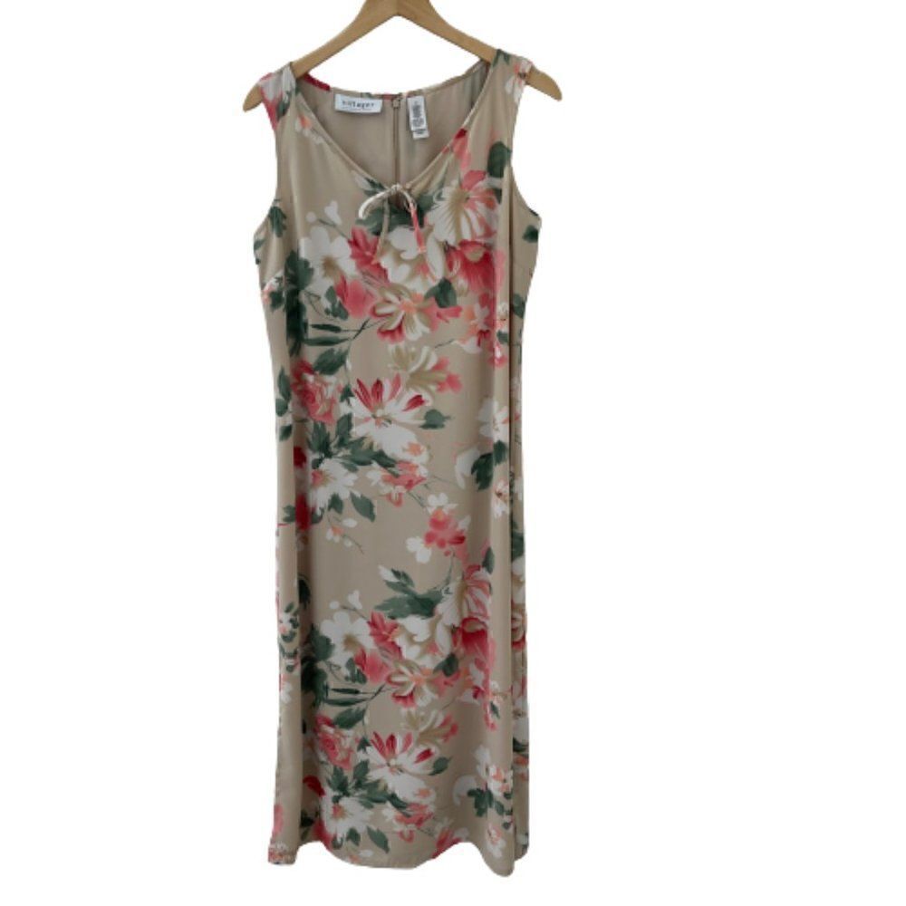 Vintage Villager Liz Claiborne floral sleeveless dress cream pink Y2K Size 12